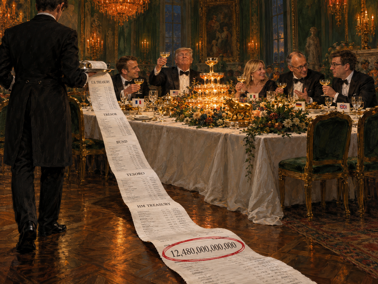 Dipinto a olio: Trump e i leader europei brindano a un banchetto, mentre un cameriere porta il conto dei Tesori nazionali, lungo fino a terra e con il totale cerchiato in rosso.