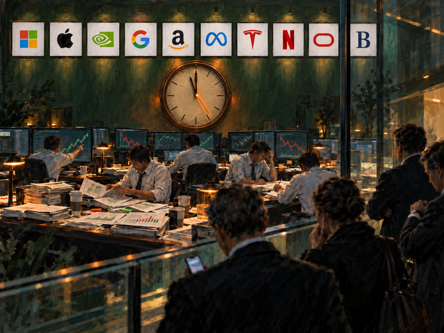 Analisti chini su bilanci e grafici sotto i loghi di dieci grandi società e un orologio che corre verso la mezzanotte, mentre dietro un vetro gli investitori attendono i risultati.