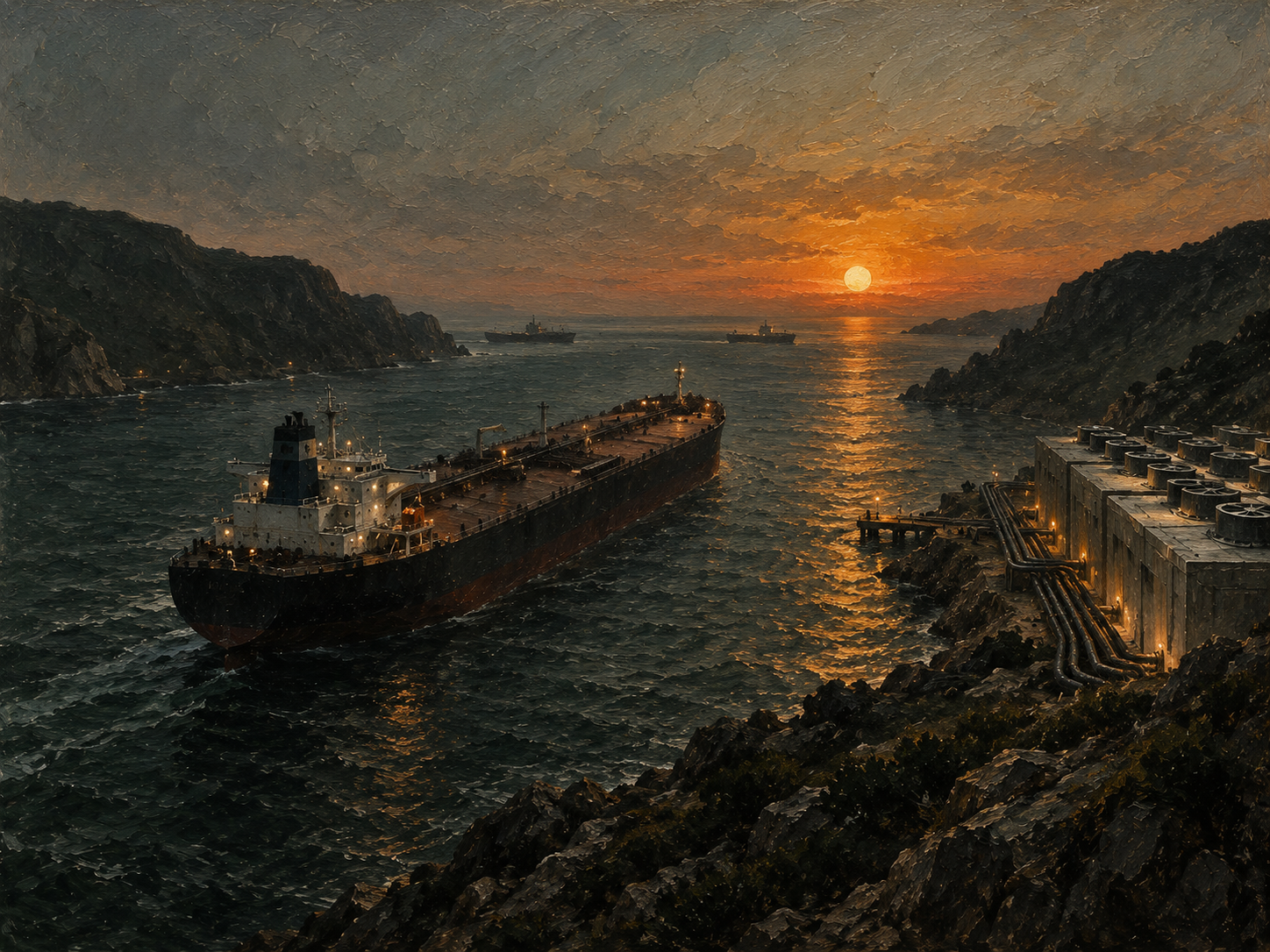 Dipinto a pennellate visibili in toni desaturati: una petroliera ferma in uno stretto di mare al tramonto, con la sagoma di un centro dati sulla costa.