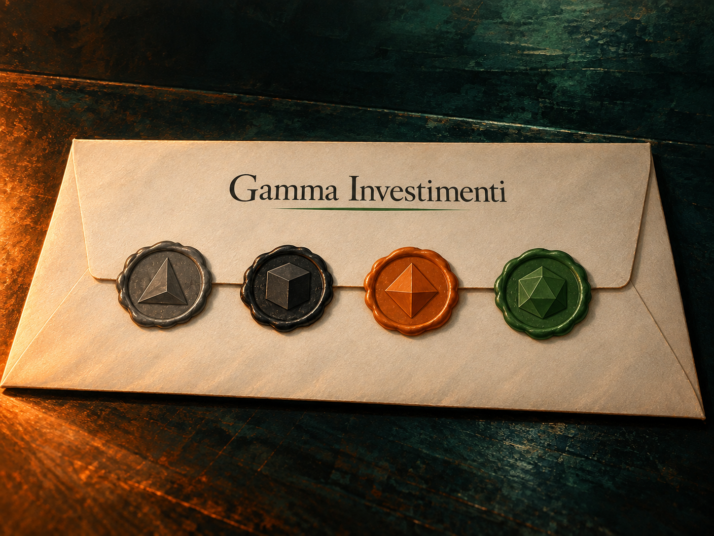 Lettera agli investitori di Gamma Investimenti sigillata con con la cera lacca dei loghi dei 4 portafogli: Basic, Essential, Advanced e Master