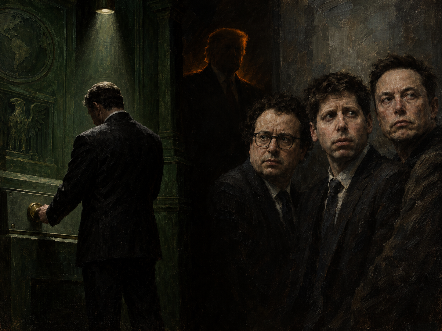 Dipinto in chiaroscuro: a sinistra un uomo in abito scuro gira una manopola su una console istituzionale, a destra Dario Amodei, Sam Altman ed Elon Musk con espressione preoccupata, dietro di loro Donald Trump in penombra osserva la scena.