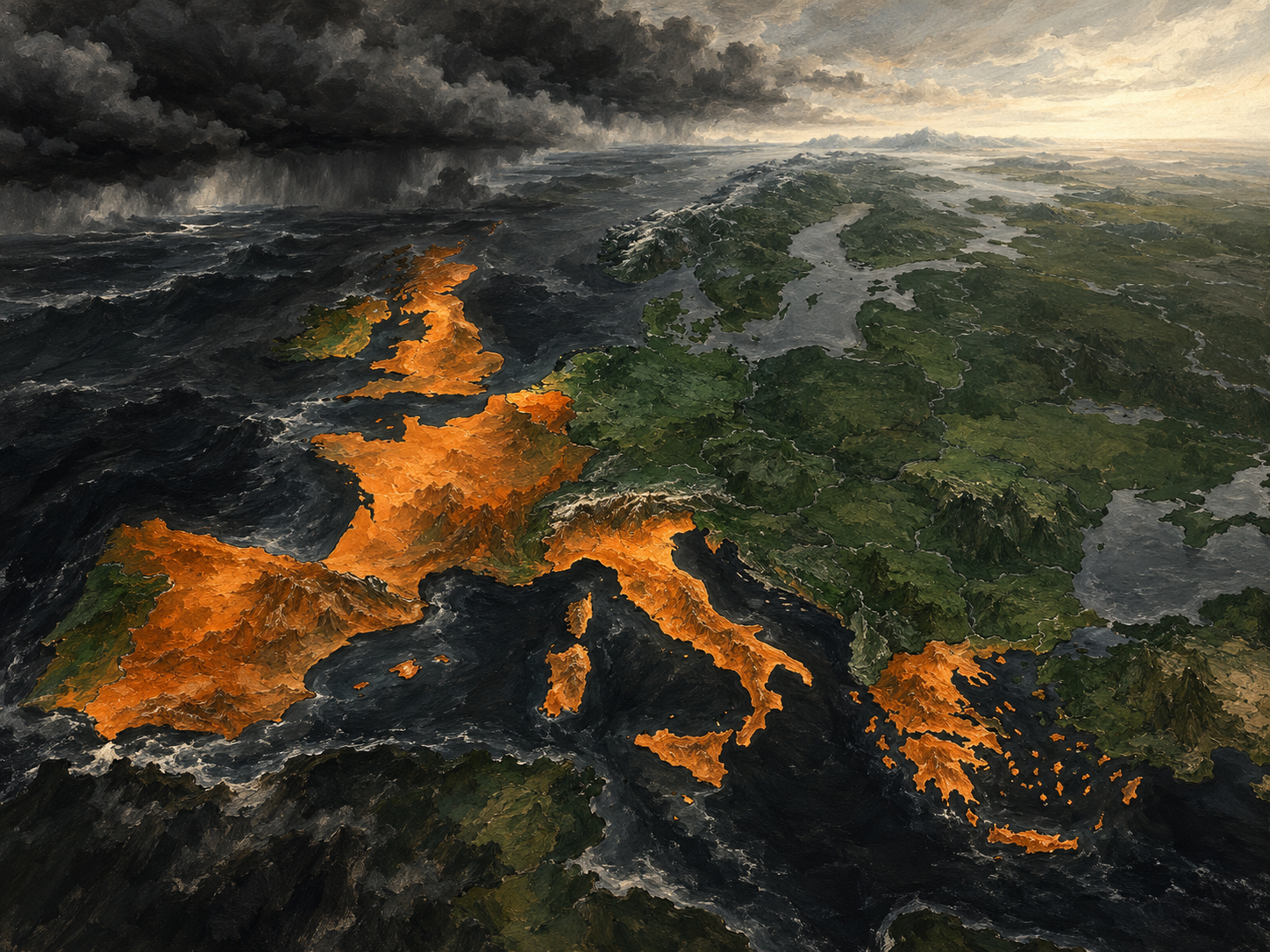 Mappa dipinta dell'Europa vista dall'alto: Francia, Italia, Spagna, Belgio, Regno Unito e Grecia illuminati in arancio sul verde scuro, mentre nubi nere avanzano dall'Atlantico.